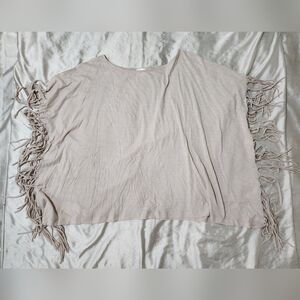 Mavonie Beige Fringe Short Sleeve Pullover Boho Batwing Poncho